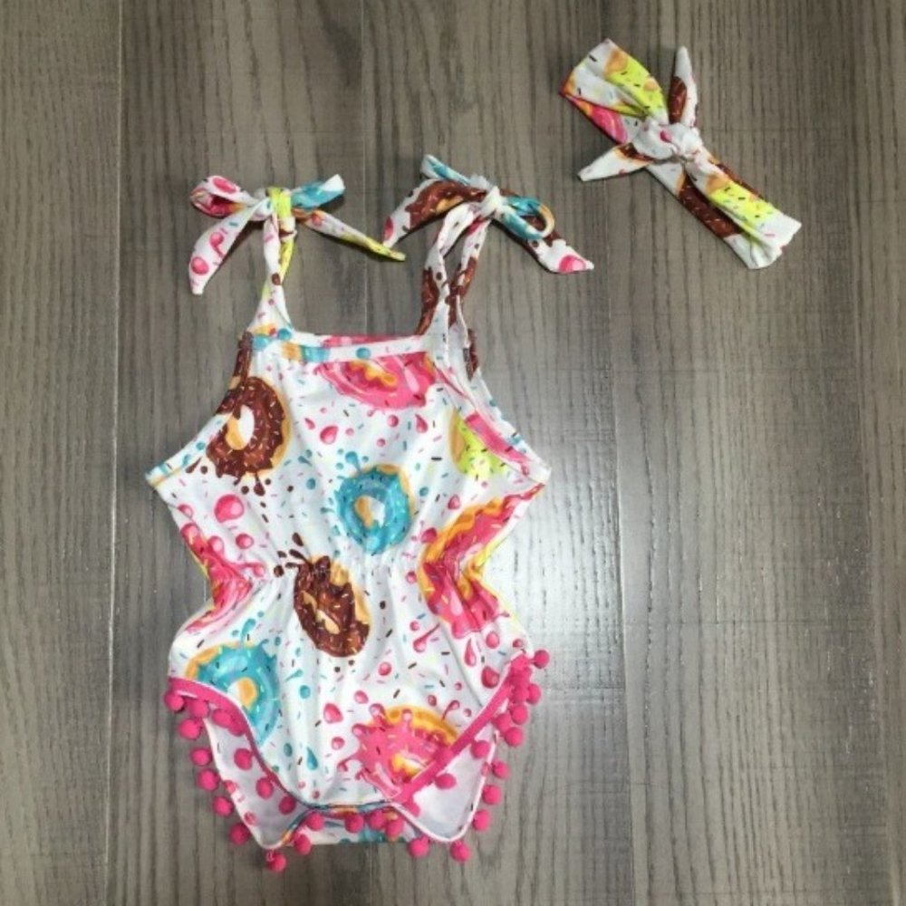 Boutique Donut Baby Girls Pom Pom Bodysuit Romper Jumpsuit & Headband Set